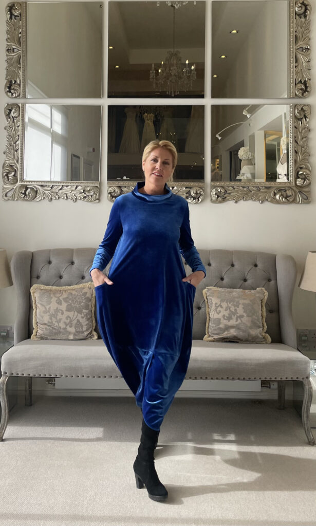 Autumn Special Offer Model in brilliant blue velvet dress