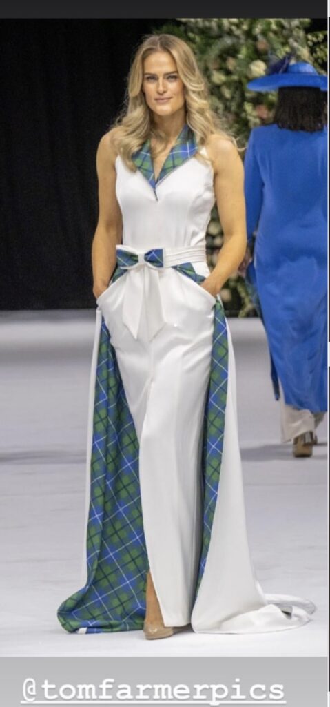 model wears tartan weding dress