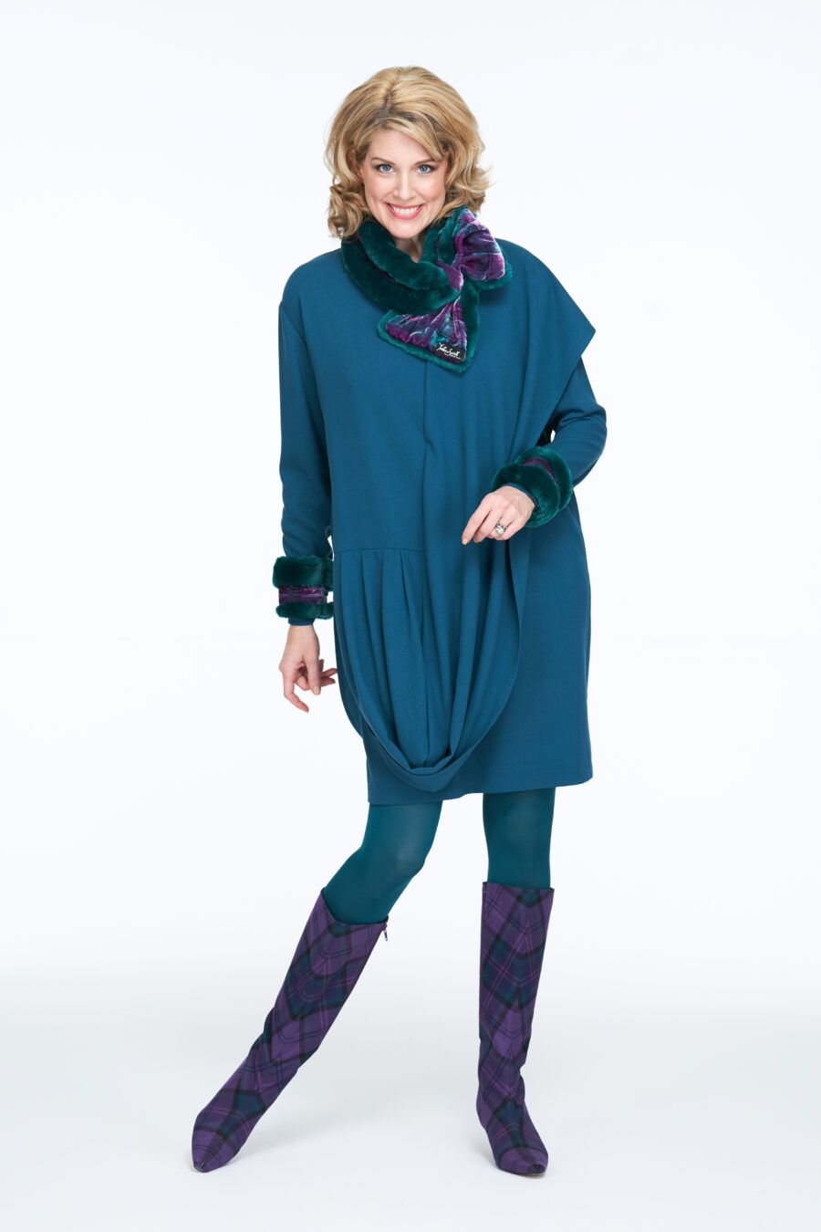 teal coloured dress with drape scarf effect front and back wd262b