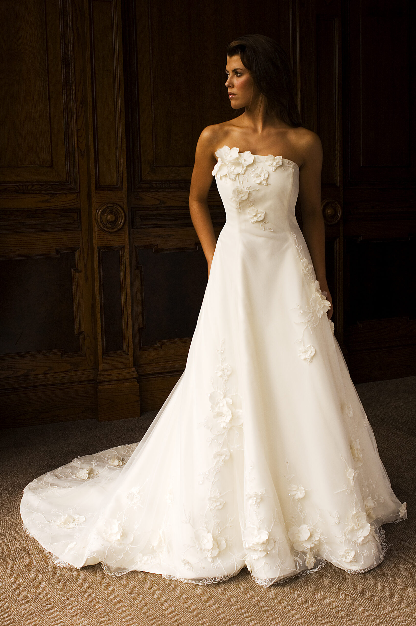 SALE - Strapless Floral Wedding Gown with Full Skirt and Flowing Train